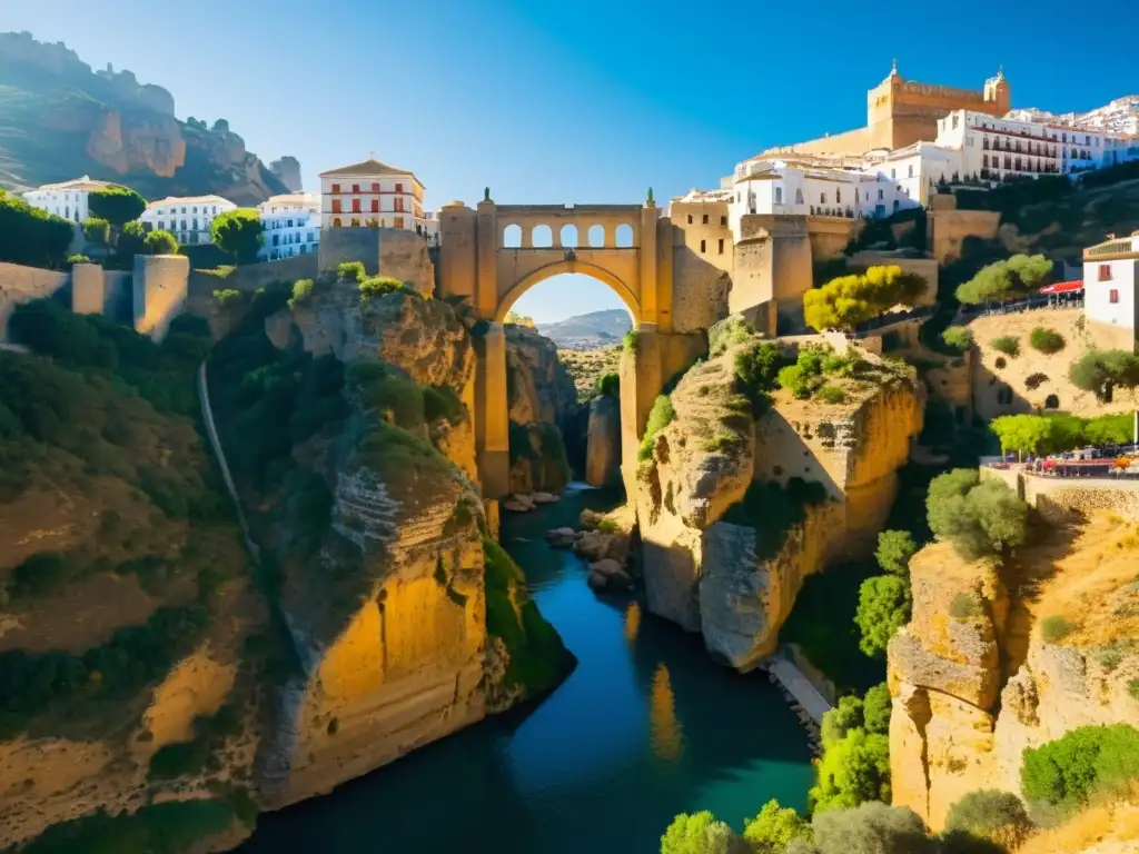 Vista espectacular del Puente Nuevo de Ronda Andalucía desde abajo, destacando su majestuosidad, historia y belleza natural junto al río Guadalevín