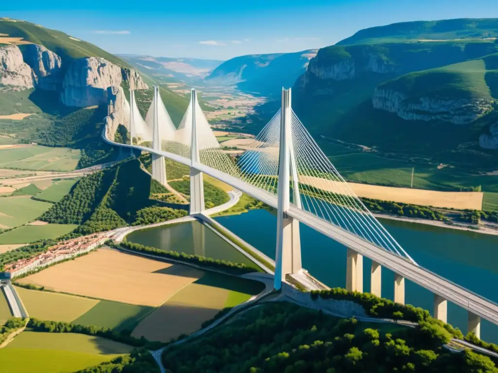 Vista espectacular del Viaducto de Millau en Francia, destacando su diseño innovador y técnicas constructivas en puentes icónicos