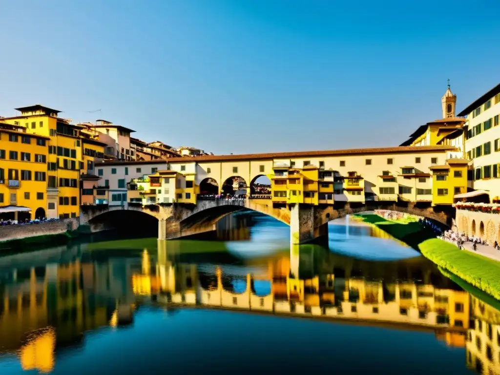 Vista 3D de la estructura del Ponte Vecchio en Florencia, Italia, resaltando su belleza y diseño arquitectónico