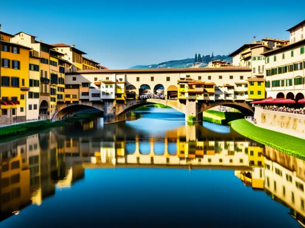 Vista en 3D de la estructura del Ponte Vecchio en Florencia, Italia, iluminada por el cálido sol, con tiendas a lo largo y el río Arno debajo