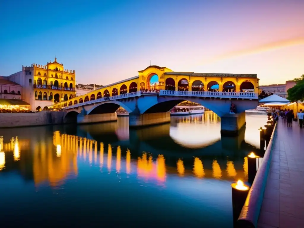 Vista de los festivales culinarios Puente de la Mujer con puestos de comida y ambiente vibrante al atardecer