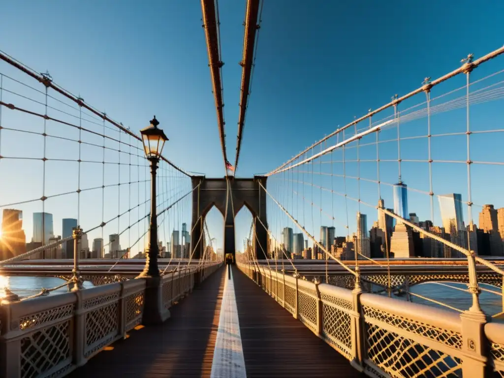 Vista icónica del puente de Brooklyn al atardecer sobre el río Este en Nueva York, con detalles góticos y cálida luz crepuscular