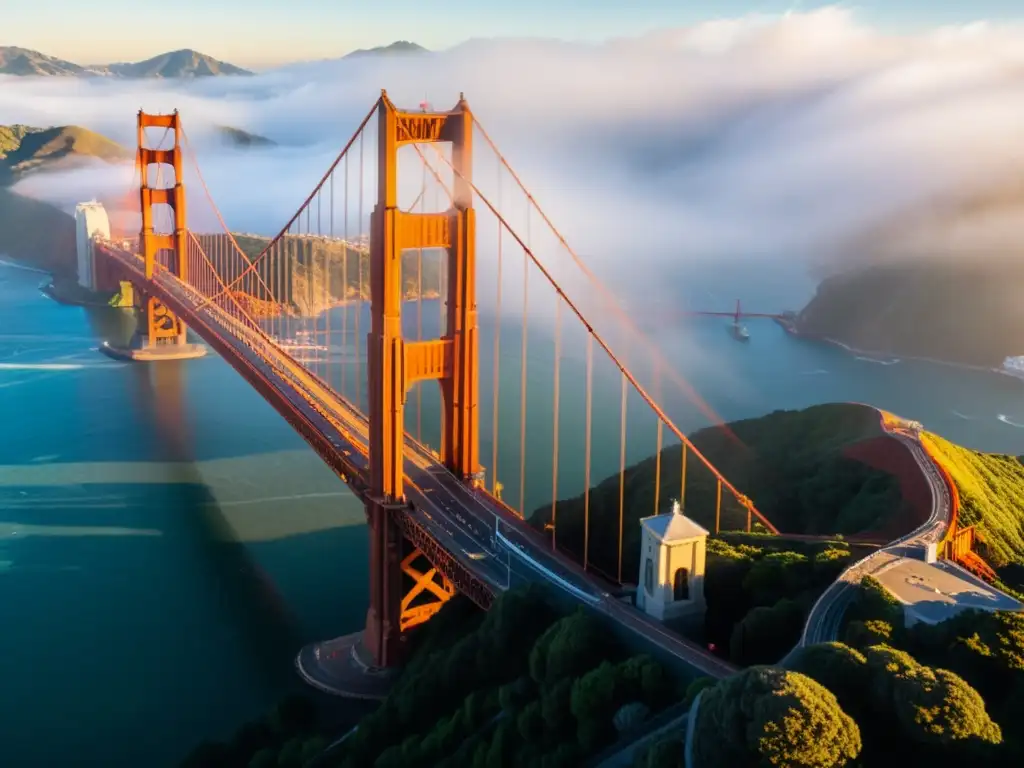 Vista en 8k del icónico Puente Golden Gate, con detalles y luces que crean una atmósfera mística