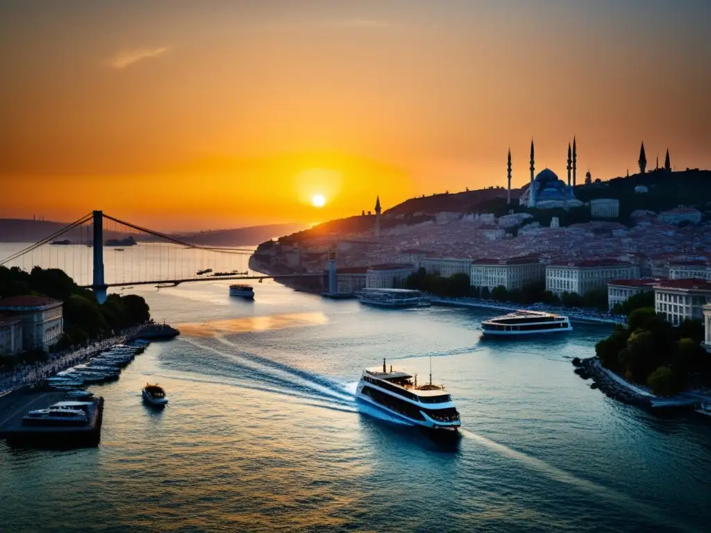 Vista del icónico Puente de Bósforo sobre aguas brillantes al atardecer en Estambul, Turquía