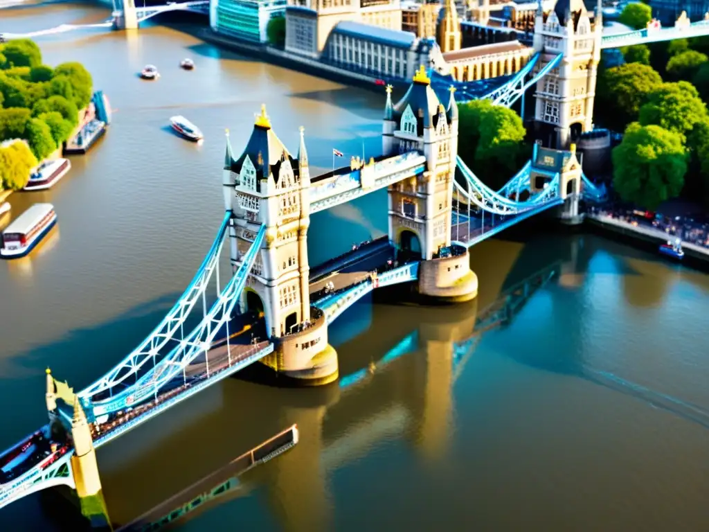 Vista impactante del icónico Tower Bridge de Londres, con su arquitectura gótica victoriana y el río Támesis, mostrando su impacto cultural en puentes icónicos