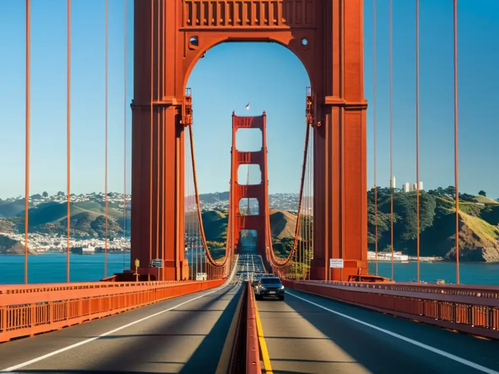 Vista impactante del Puente Golden Gate en San Francisco, con detalles de sus cables de suspensión y el paisaje circundante