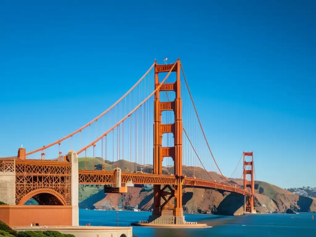 Vista impactante del icónico Puente Golden Gate en San Francisco sobre el mar, con un cielo azul despejado