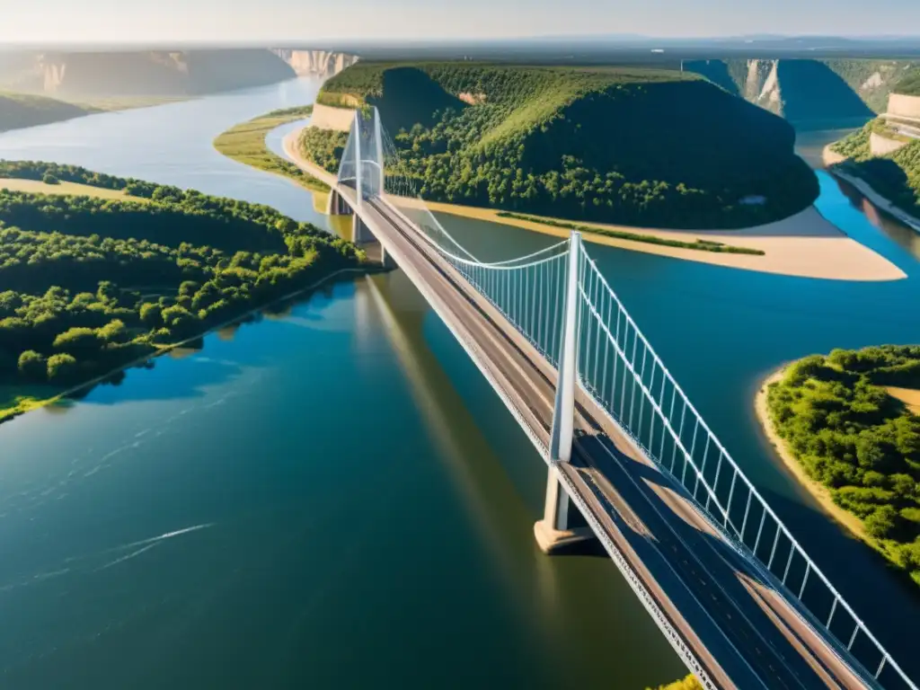 Vista impactante del majestuoso puente sobre un río, resaltando su arquitectura e interacción de luces y sombras