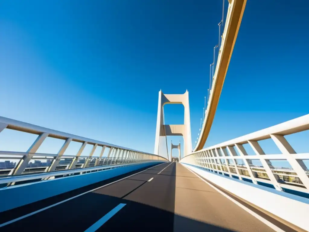 Vista impactante de un puente arquitectónico moderno en realidad aumentada, resaltando su diseño innovador y grandeza urbana