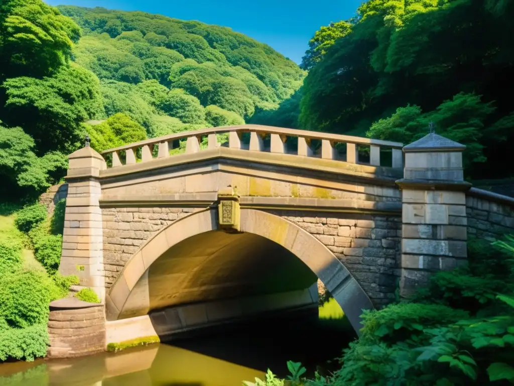 Vista impactante de un puente histórico rodeado de exuberante vegetación, con luz cálida resaltando su belleza atemporal