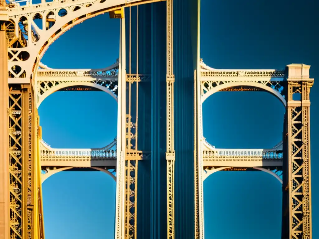 Vista impactante del puente Manhattan resaltando su majestuosa arquitectura y detalles en la luz dorada del atardecer, evocando su impacto cultural