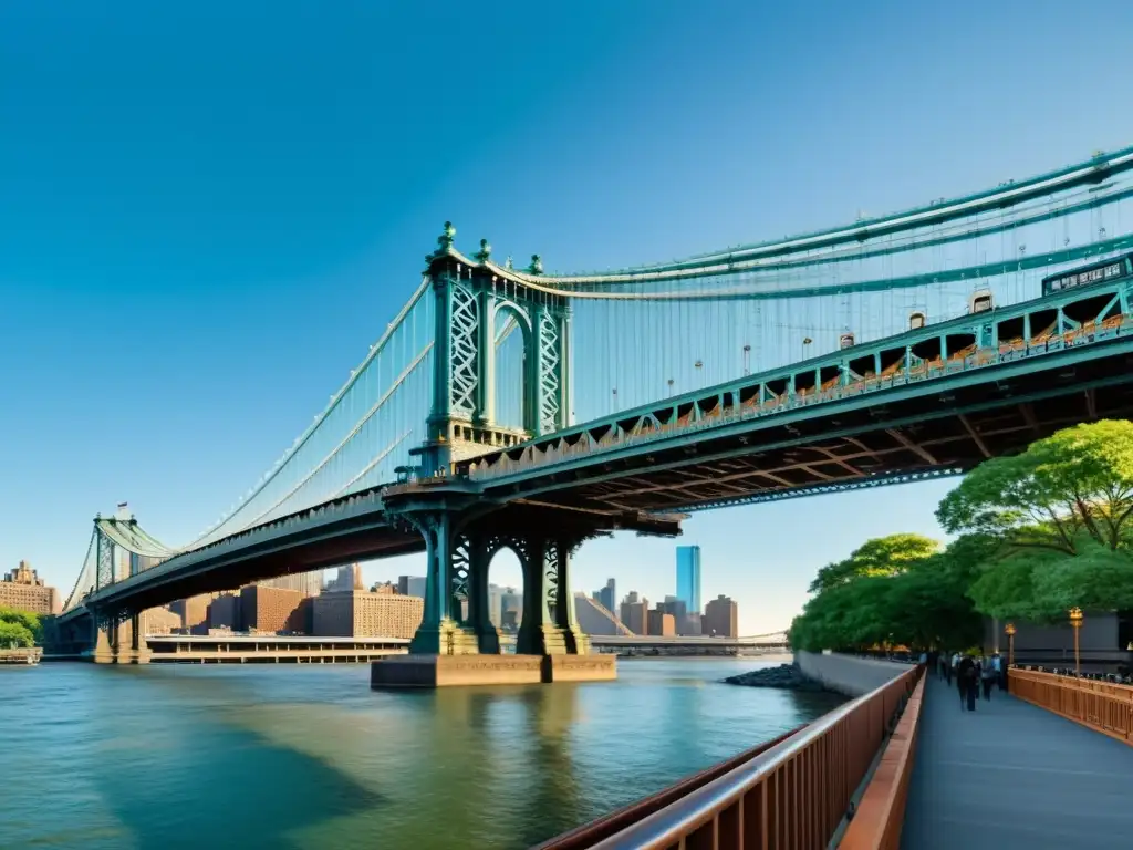 Vista 8K del impacto cultural del Puente Manhattan, resalta su estructura de acero y la energía de la ciudad