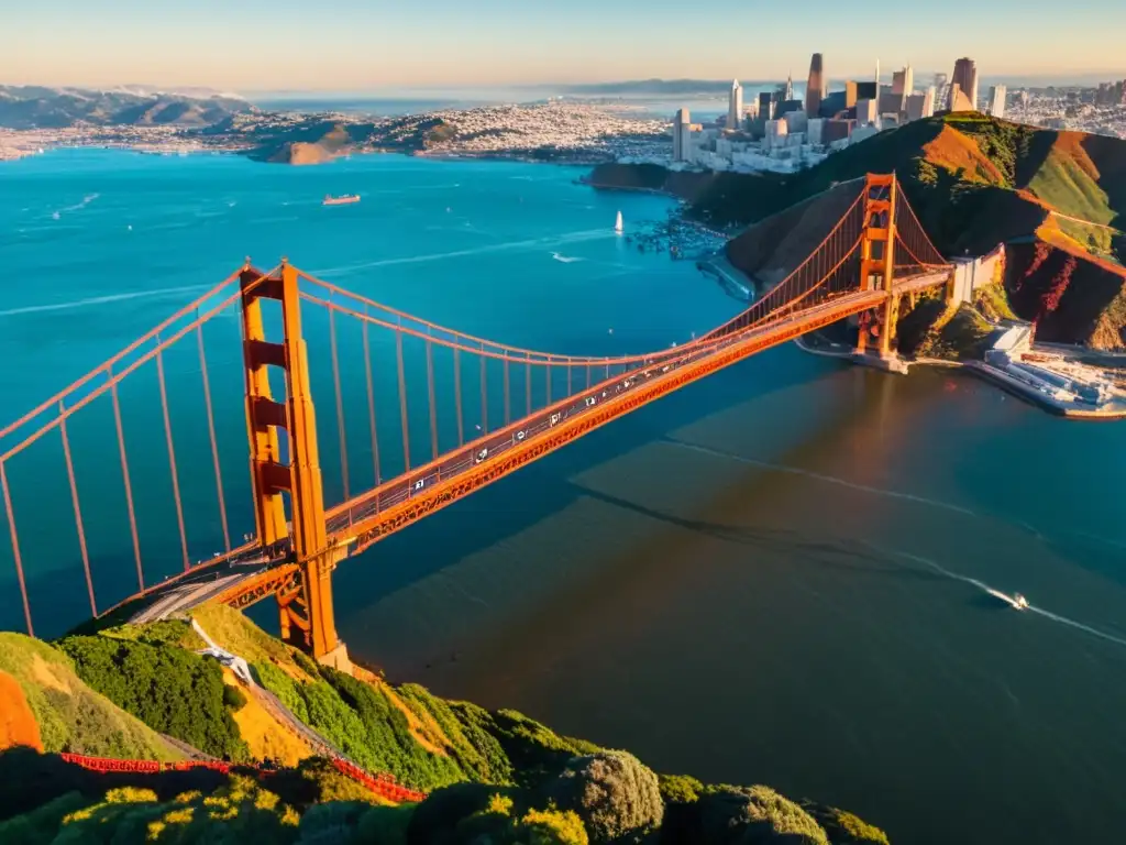 Una vista imponente del icónico Puente Golden Gate en San Francisco, resaltando sus detalles arquitectónicos y el paisaje circundante