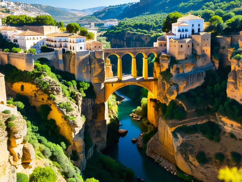 Vista impresionante de la arquitectura del Puente Nuevo de Ronda sobre el desfiladero del Tajo, bañado por cálida luz solar