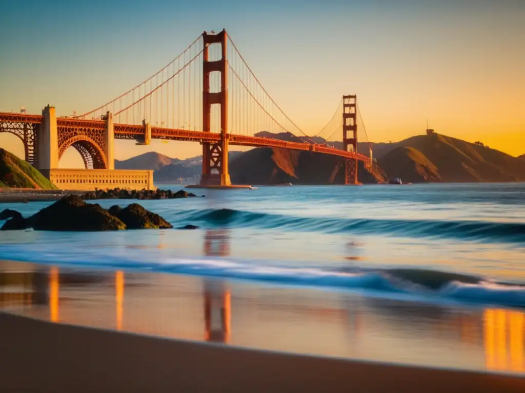 Vista impresionante del Puente Golden Gate al atardecer en San Francisco, reflejándose en aguas tranquilas