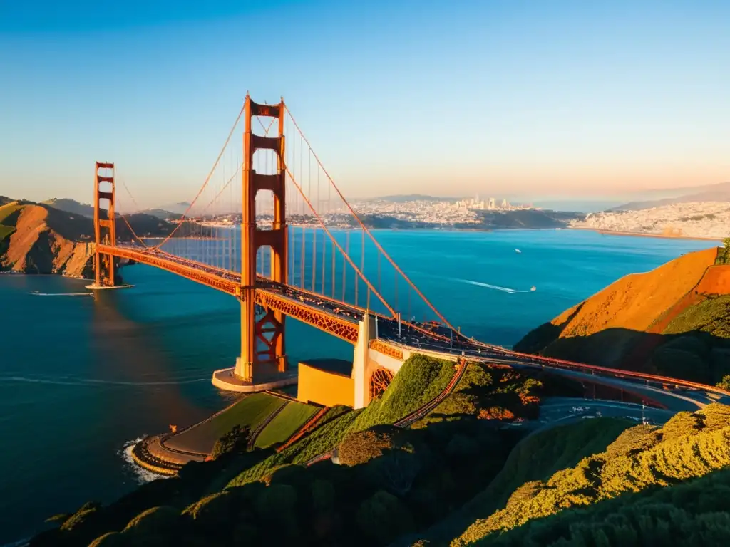 Vista impresionante del atardecer en el Puente Golden Gate en San Francisco, con un cálido resplandor dorado sobre la icónica estructura