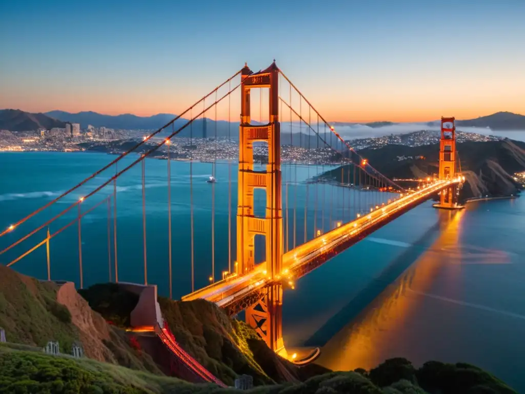 Vista impresionante del puente Golden Gate al atardecer, con su icónica estructura rojo anaranjada iluminada por el sol