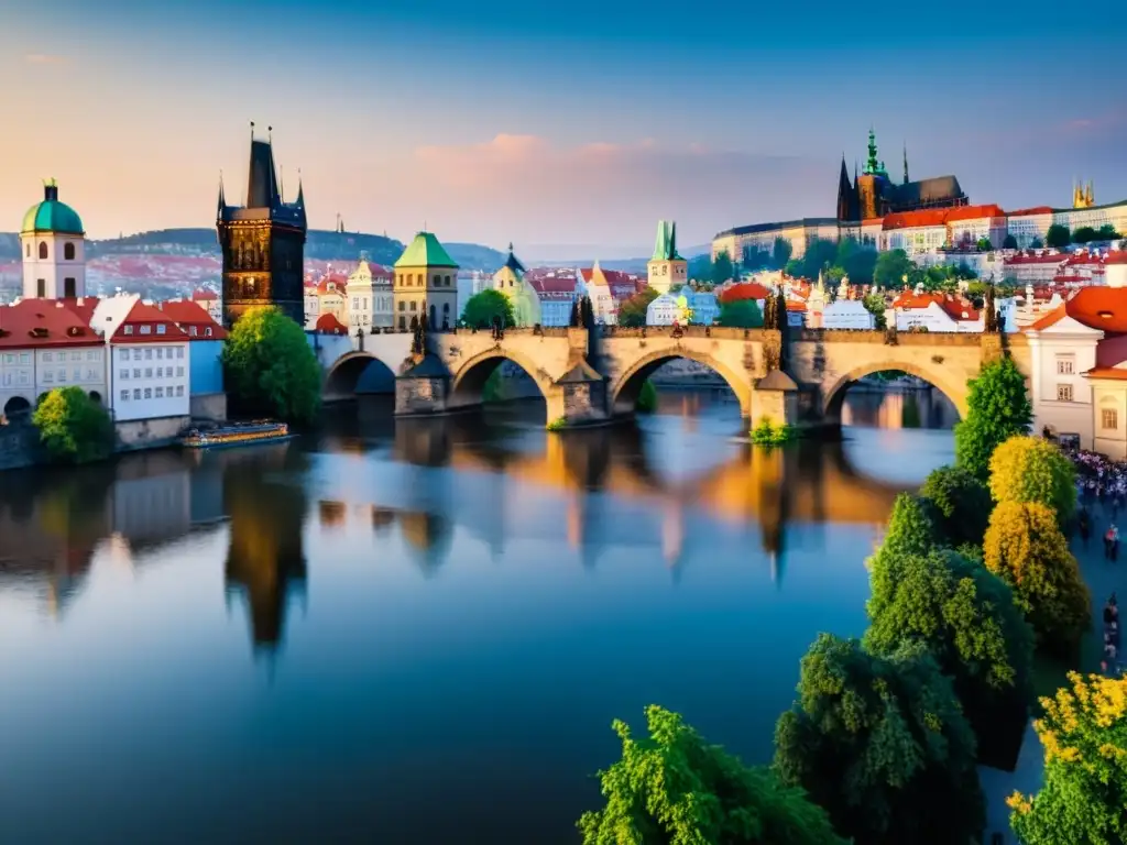 Vista impresionante del atardecer en el Puente de Carlos en Praga, mostrando su historia y arquitectura gótica a orillas del río Vltava