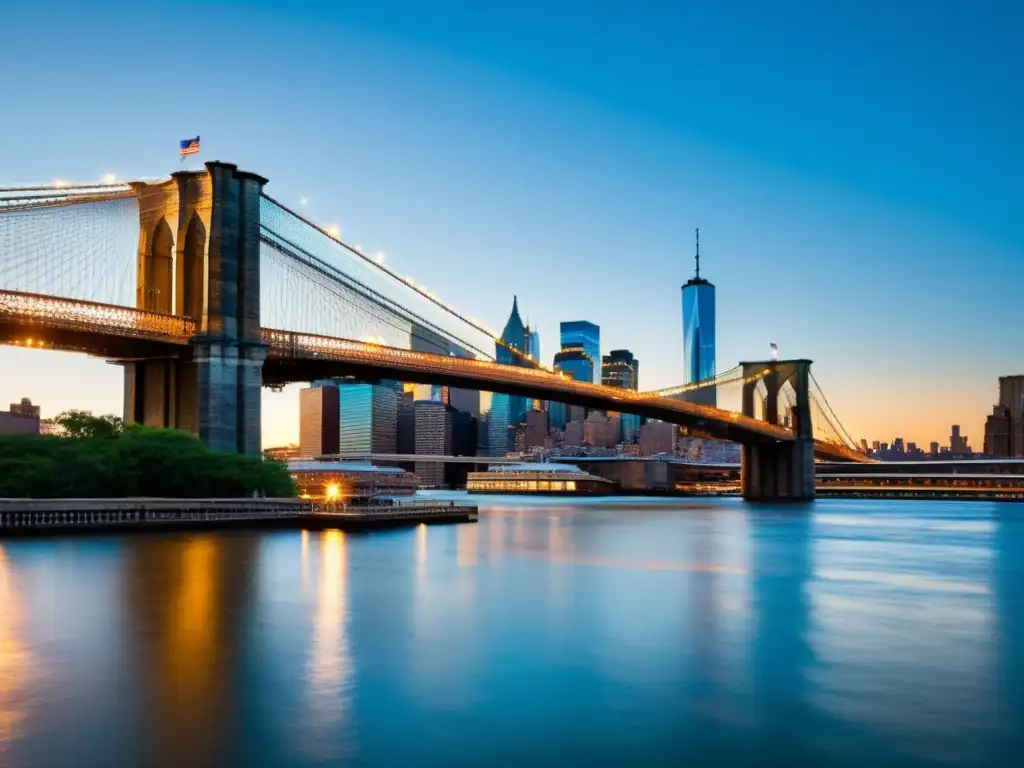 Vista impresionante del atardecer en el Puente de Brooklyn, con la estructura iluminada por la cálida luz dorada y reflejada en el sereno río East