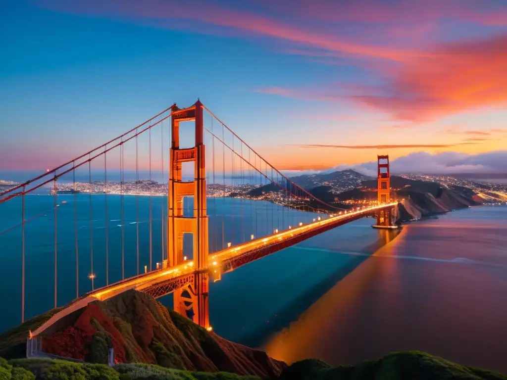 Vista impresionante del Puente Golden Gate en San Francisco al atardecer, destacando sus torres rojo-naranja