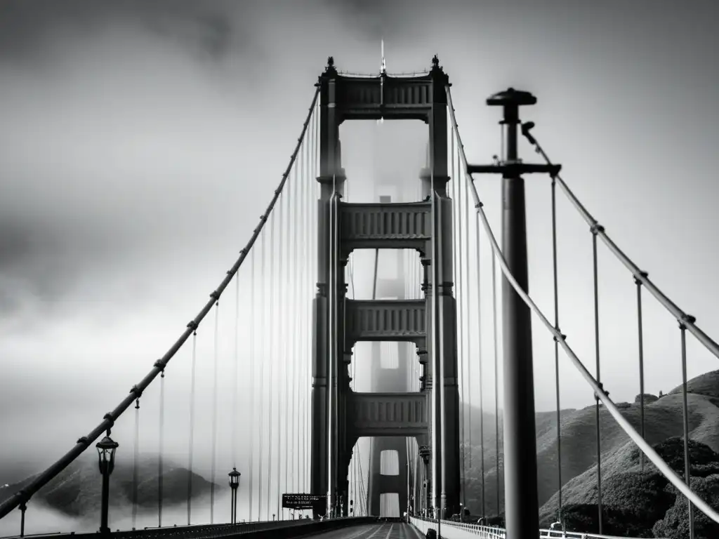 Vista impresionante del Puente Golden Gate en blanco y negro, destacando sus secretos estructurales y la atmósfera neblinosa de San Francisco