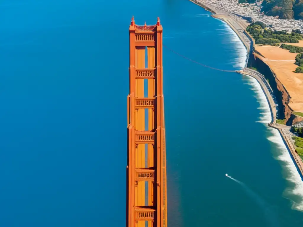 Vista impresionante del Puente Golden Gate en San Francisco, con su característico color naranja destacando sobre el azul del agua y el cielo