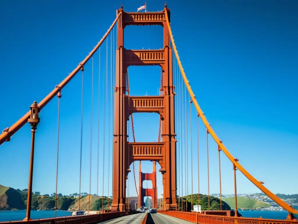 Vista impresionante del Puente Golden Gate en San Francisco, con el cielo azul de fondo