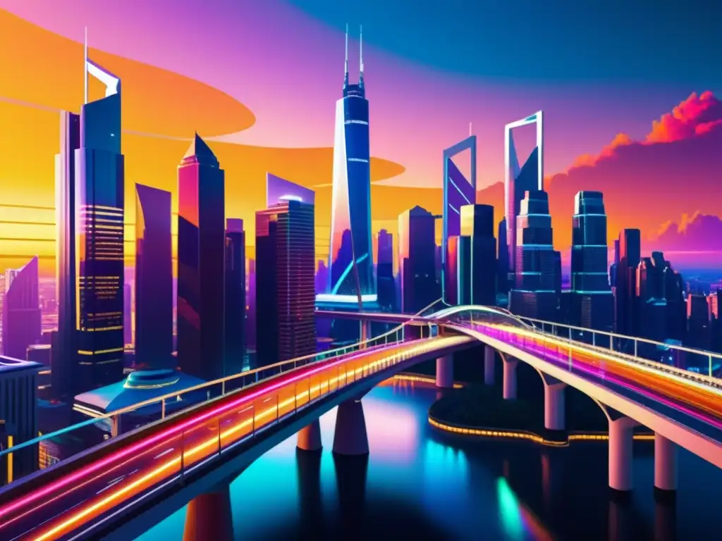 Vista impresionante de una ciudad futurista con puentes intrincados y energía de arte digital puentes impresionantes