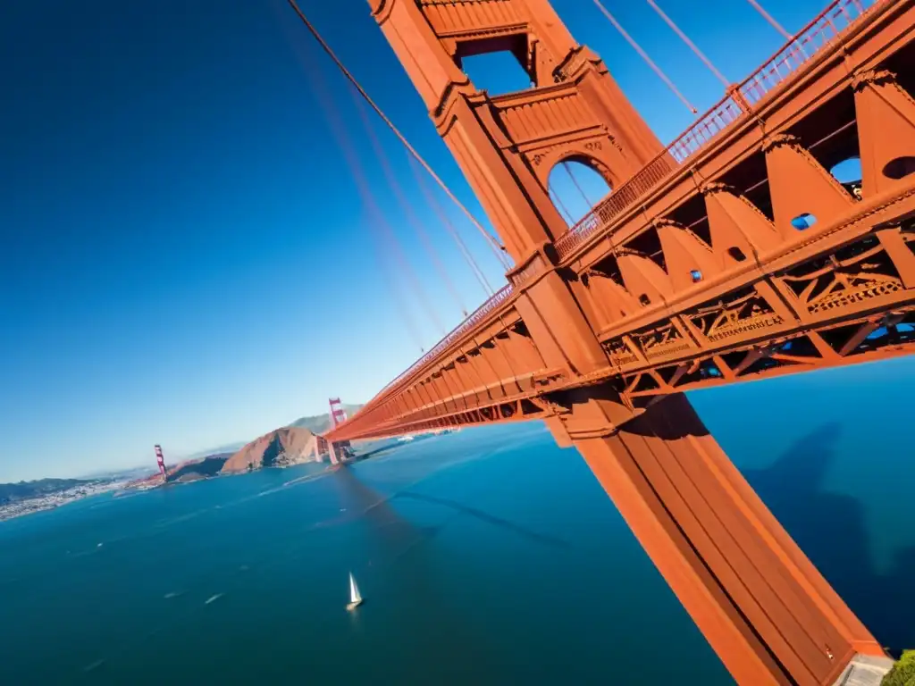 Vista impresionante del Puente Golden Gate en San Francisco, resaltando sus detalles arquitectónicos y grandiosidad