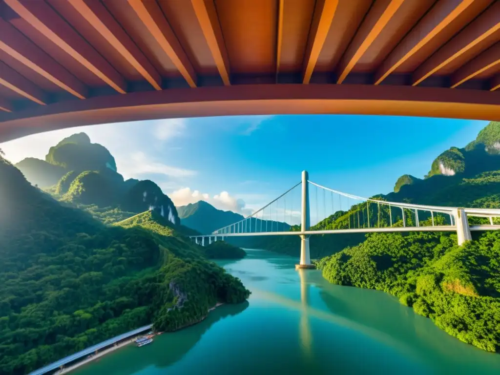 Vista impresionante del Puente Langkawi Sky con visualización 3D y detalles arquitectónicos destacados en contraste con la exuberante vegetación