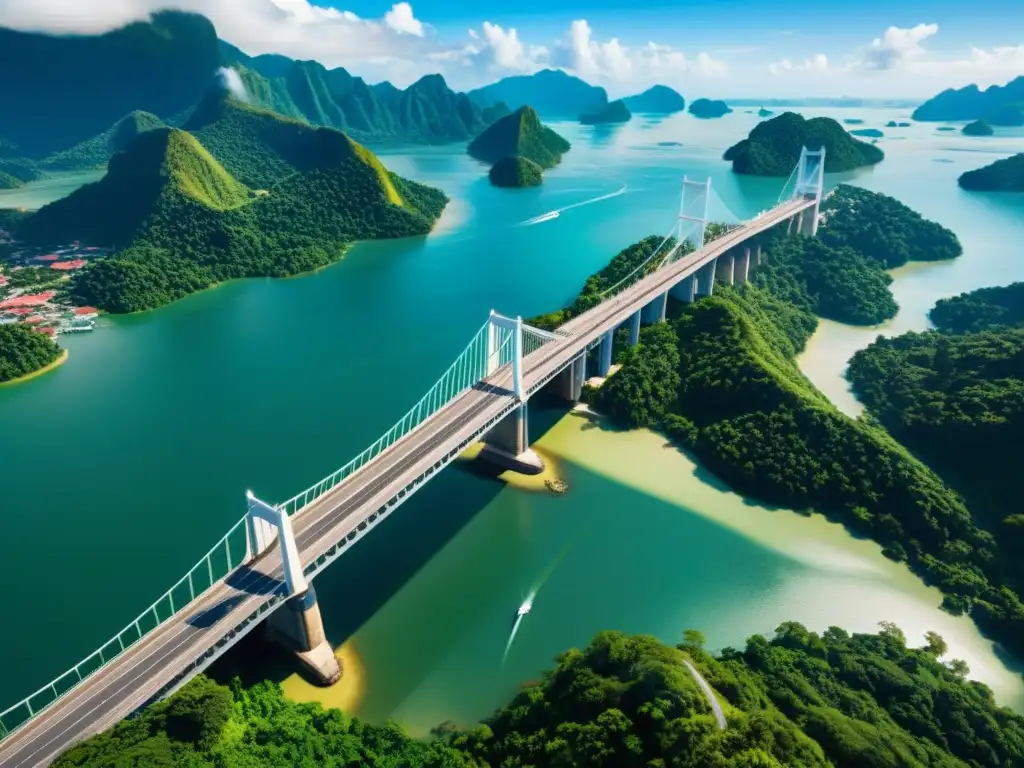 Vista impresionante del Puente Langkawi Sky en 3D, resaltando su diseño y entorno natural