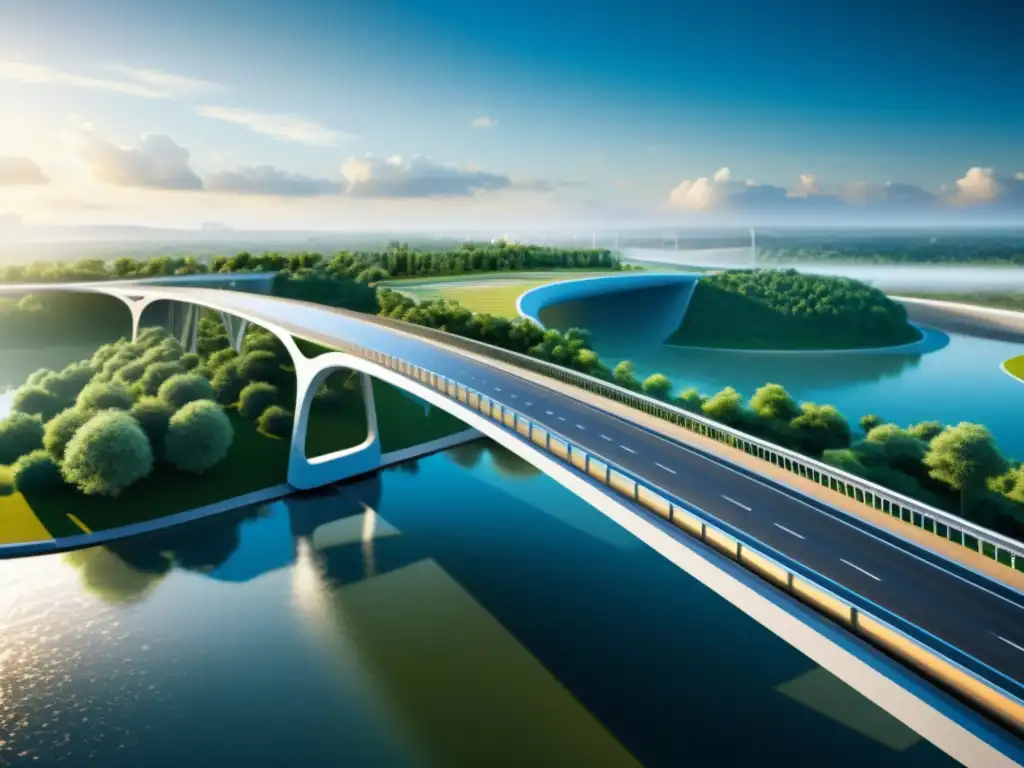 Vista impresionante de diseño futurista de puente, integrado con paisaje urbano y natural