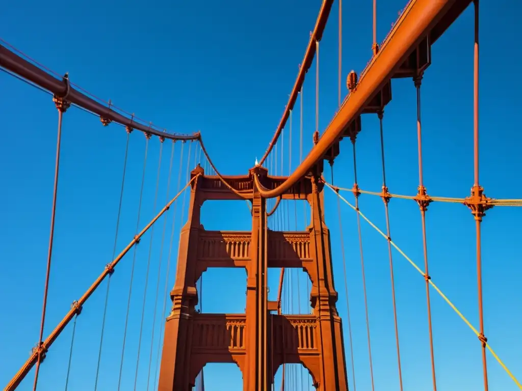 Vista impresionante del Puente Golden Gate en alta definición, mostrando su diseño icónico y la calidez del sol