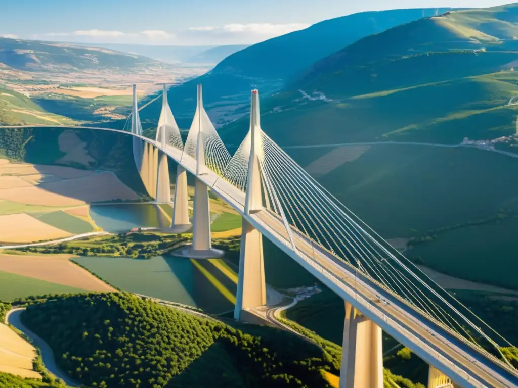 Vista impresionante del elegante diseño estructural 3D del Puente Millau, integrado armoniosamente en el paisaje