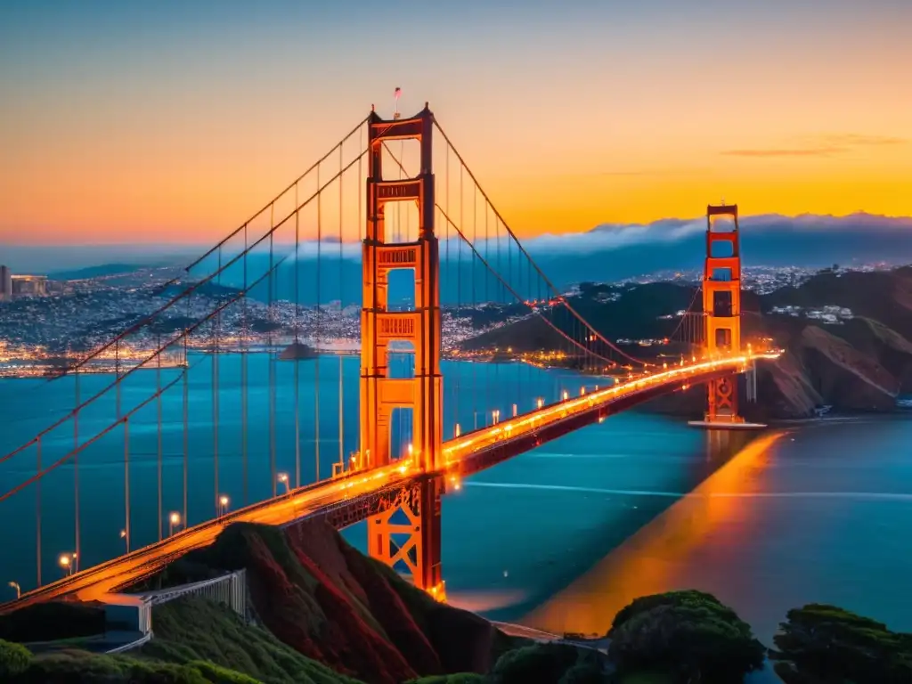 Vista impresionante del emblemático Puente Golden Gate en San Francisco al atardecer, resaltando su diseño urbano y conectividad