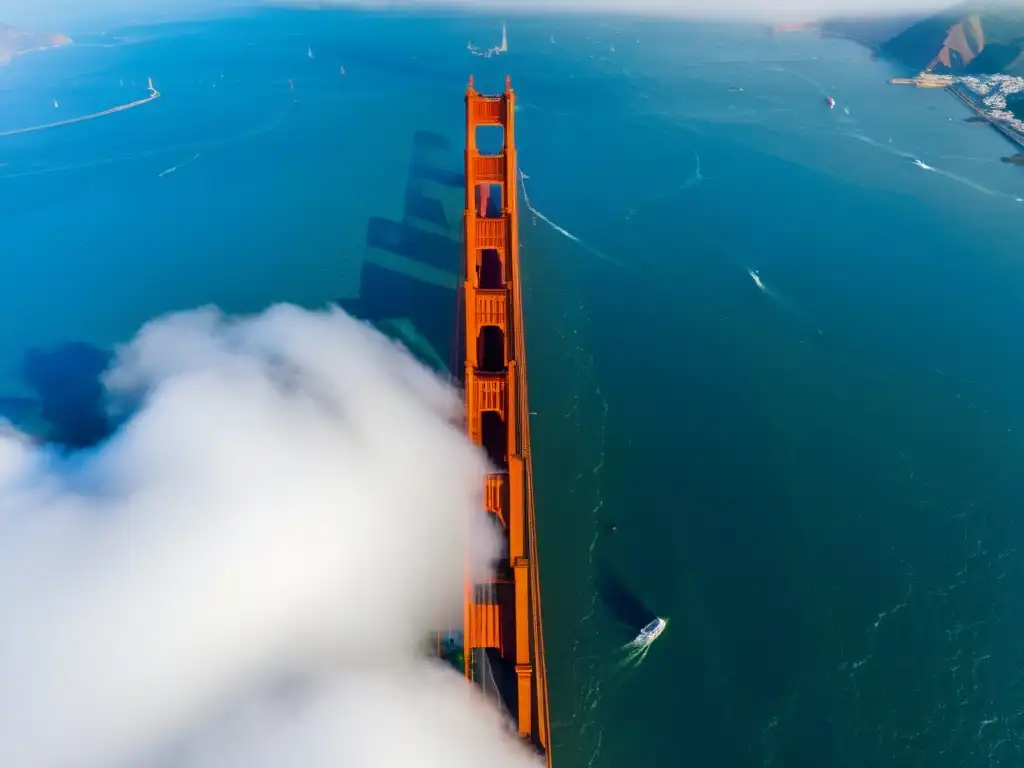 Vista impresionante del Puente Golden Gate en San Francisco, con su estructura de acero y el contraste entre el rojo y el azul del agua, envuelto en neblina, mostrando su grandeza y actividad humana