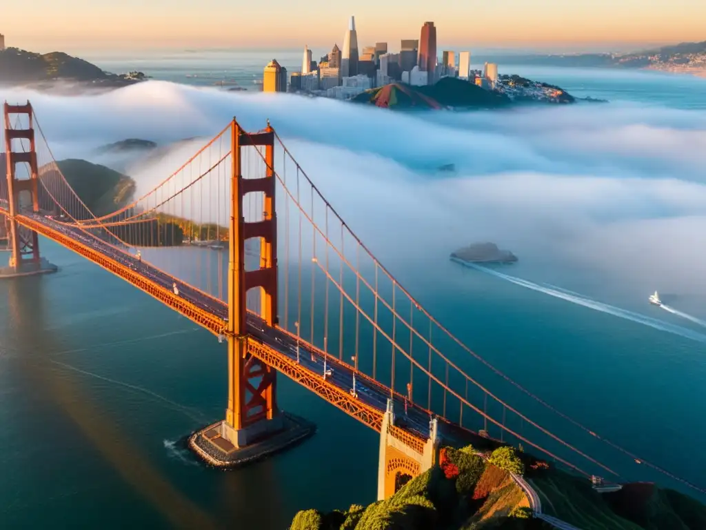 Vista impresionante del Puente Golden Gate en San Francisco, con sus icónicas torres rojo anaranjadas emergiendo sobre la brumosa bahía