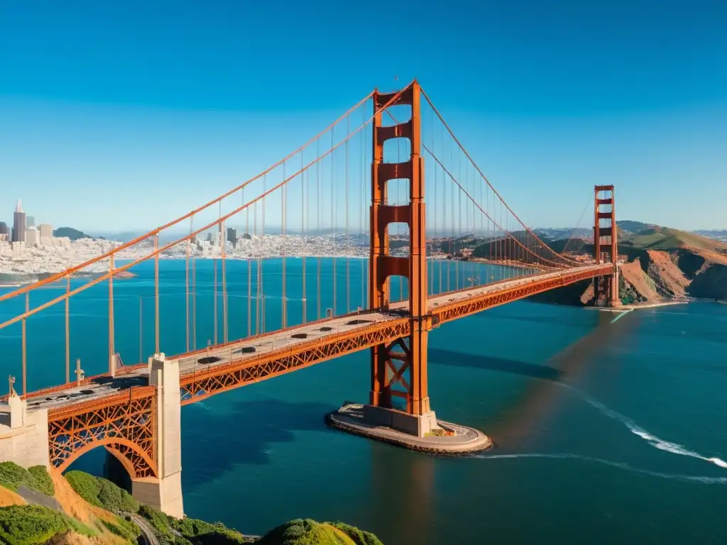 Vista impresionante del icónico Puente Golden Gate en San Francisco, resaltando la arquitectura de puentes icónicos y su majestuosidad sobre la bahía