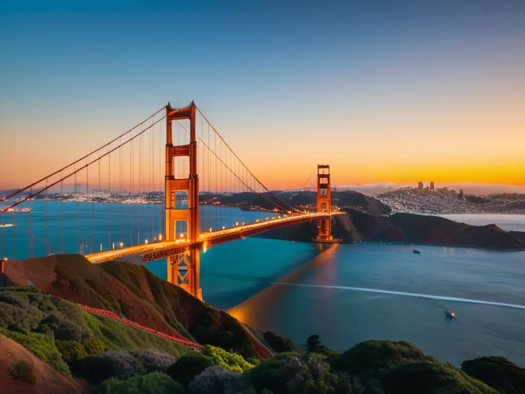 Vista impresionante del icónico Puente Golden Gate al atardecer, resaltando la historia y arquitectura de puentes en San Francisco, California