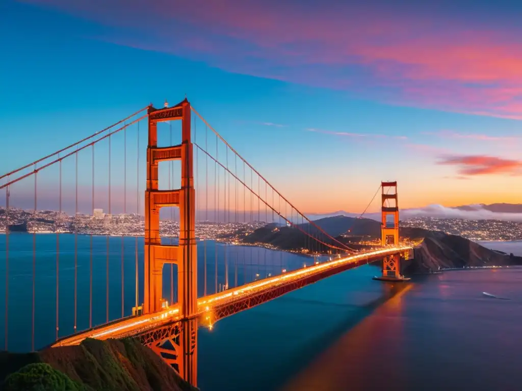 Vista impresionante del icónico Puente Golden Gate al atardecer, símbolo de puentes icónicos historia arquitectura cultural