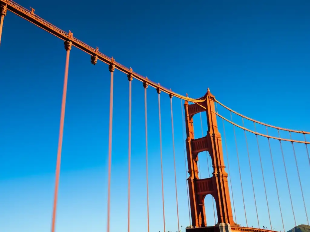 Vista impresionante del icónico Puente Golden Gate en San Francisco, con sus detallados cables rojo-naranja, bajo un cielo azul claro