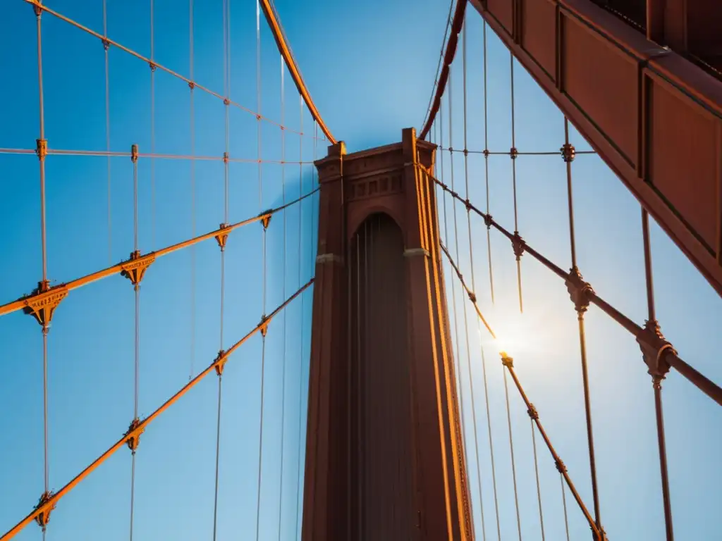 Una vista impresionante del icónico Puente Golden Gate desde abajo, resaltando sus detalles y texturas con la cálida luz del sol