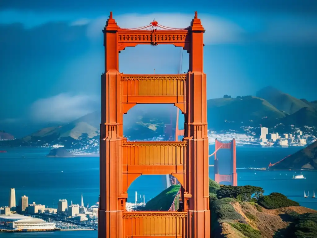 Vista impresionante del icónico Puente Golden Gate en San Francisco, con sus detalles arquitectónicos y su atmósfera grandiosa