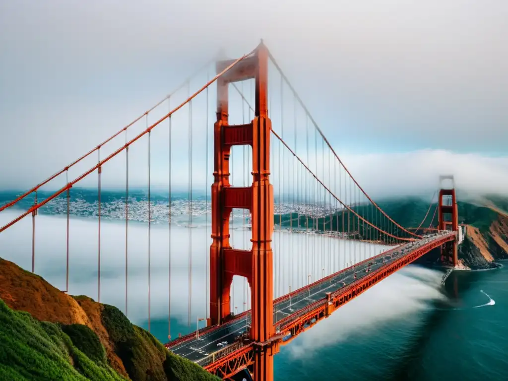 Una vista impresionante del icónico Puente Golden Gate envuelto en la neblina de la mañana, destacando su diseño arquitectónico