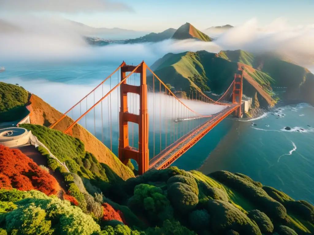 Vista impresionante del icónico Puente Golden Gate en San Francisco, integrado armoniosamente en el paisaje natural