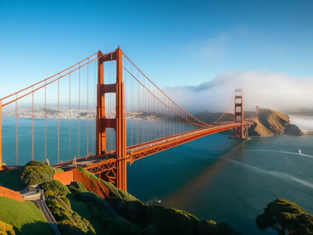 Vista impresionante del icónico puente Golden Gate en San Francisco, reflejando la majestuosidad e historia de los puentes icónicos