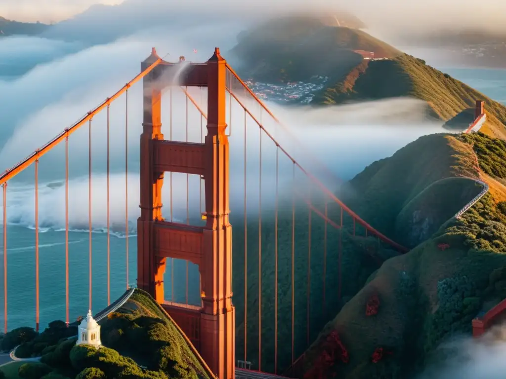 Vista impresionante del icónico Puente Golden Gate en San Francisco emergiendo majestuoso entre la densa niebla