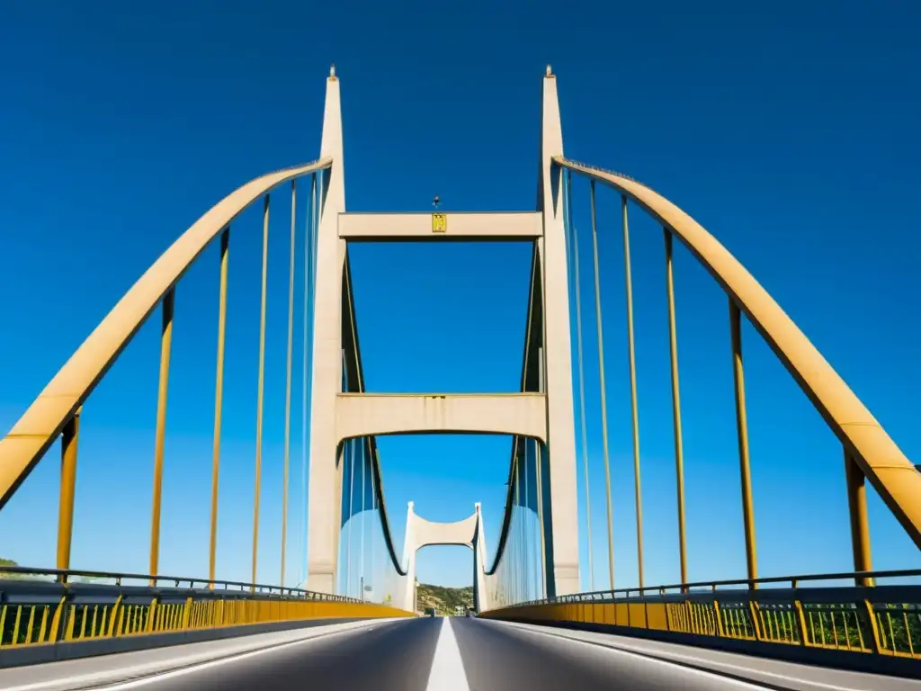 Vista impresionante del icónico Puente Morandi en Italia, destacando su elegante diseño y grandiosidad contra el cielo azul