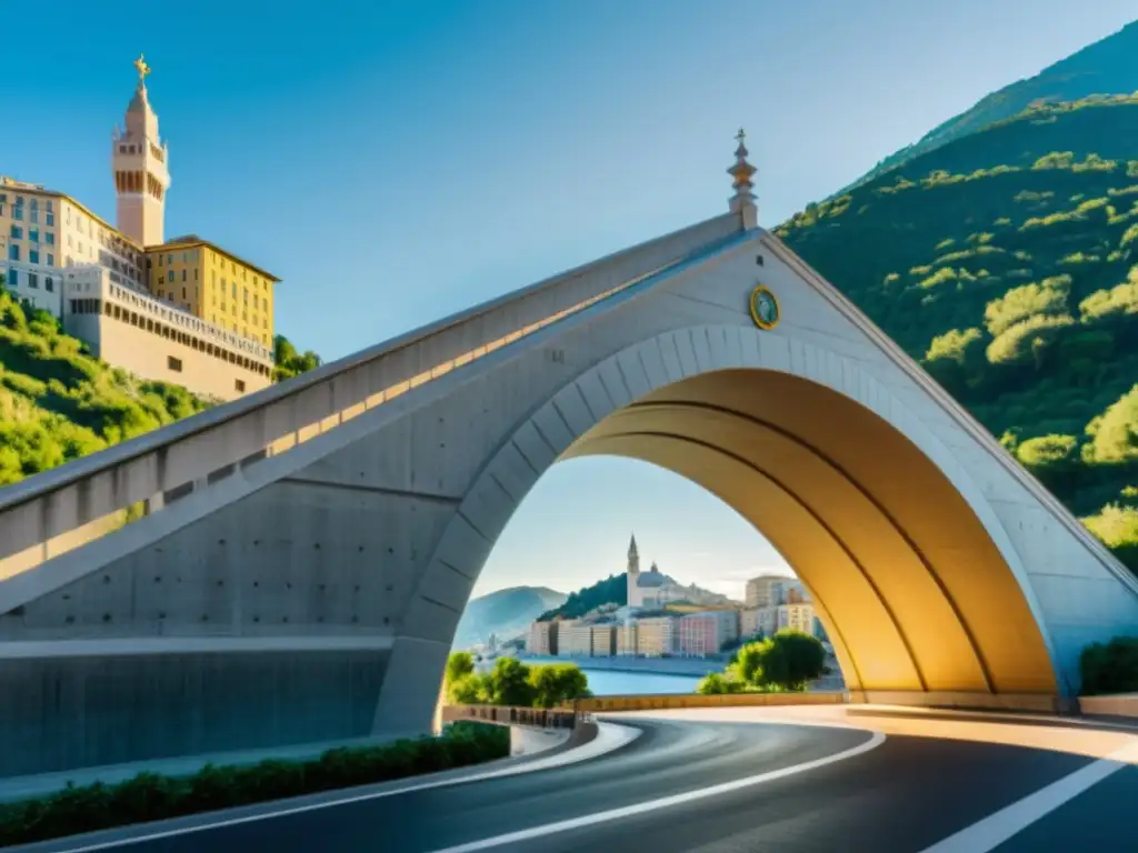 Vista impresionante del icónico Puente Morandi en Génova, Italia, resaltando su diseño único y la integración con la ciudad