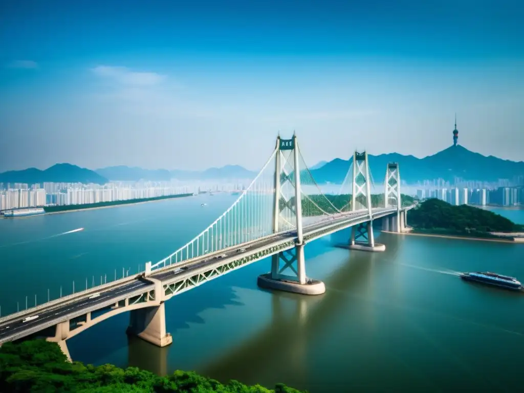 Vista impresionante del icónico puente de la bahía en Hangzhou, China